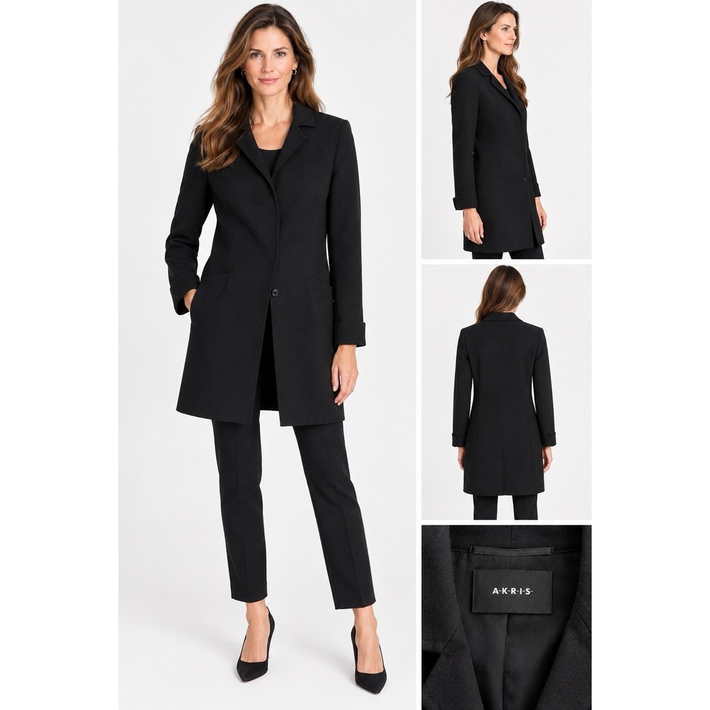 Akris Jacket Coat Long Blazer Sz 14 Wool Women's Career Work Designer Black